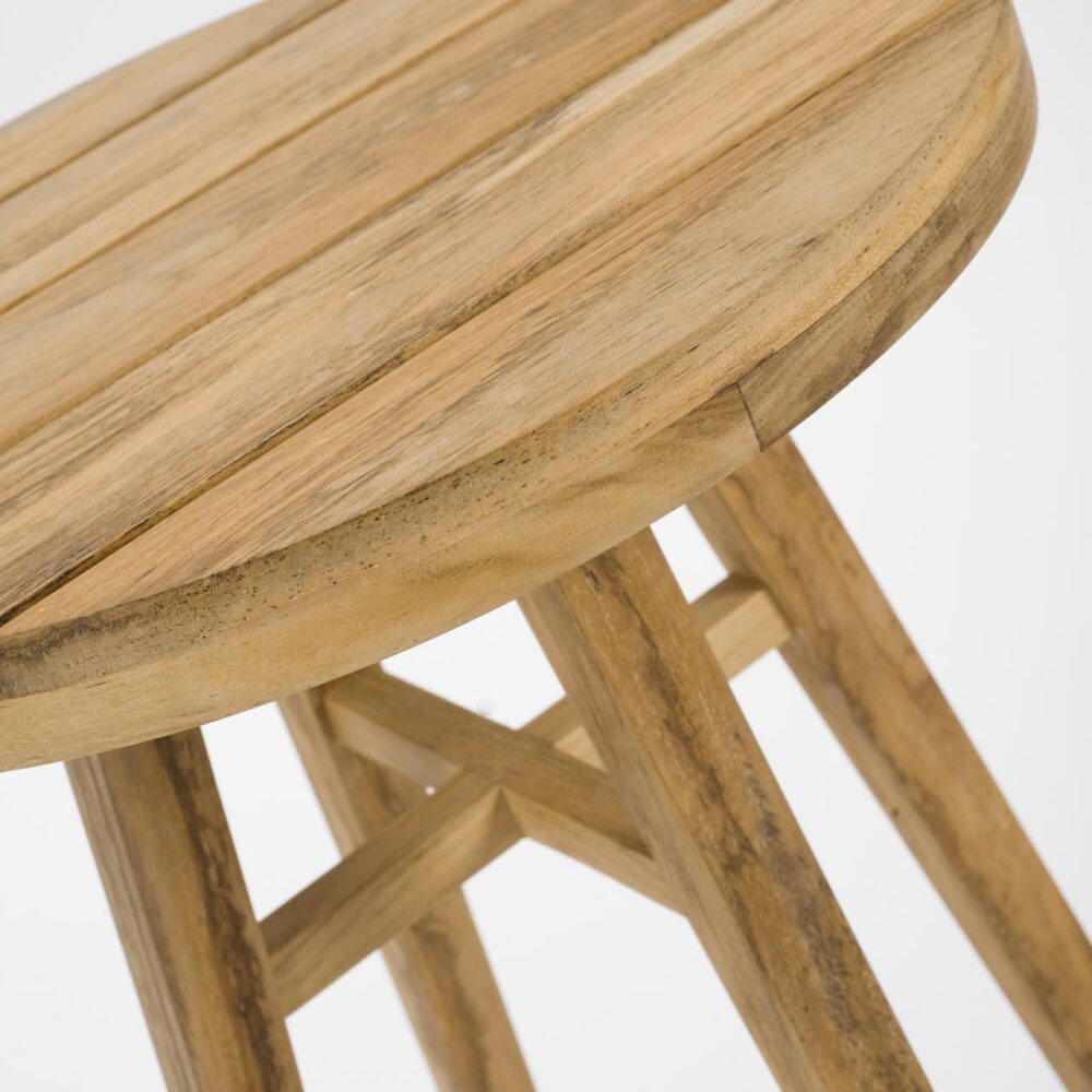 Close up of a wooden outdoor side table on a white background