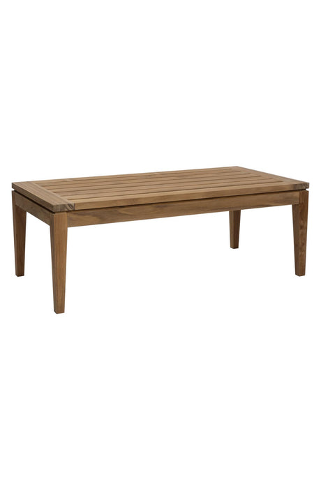 A rectangular outdoor coffee table made of weathered brown teak wood slats on a solid white background.