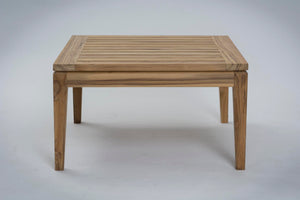 A square wooden table with a slatted top and four legs, shown on a light grey studio background.