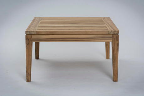 A square wooden table with a slatted top and four legs, shown on a light grey studio background.