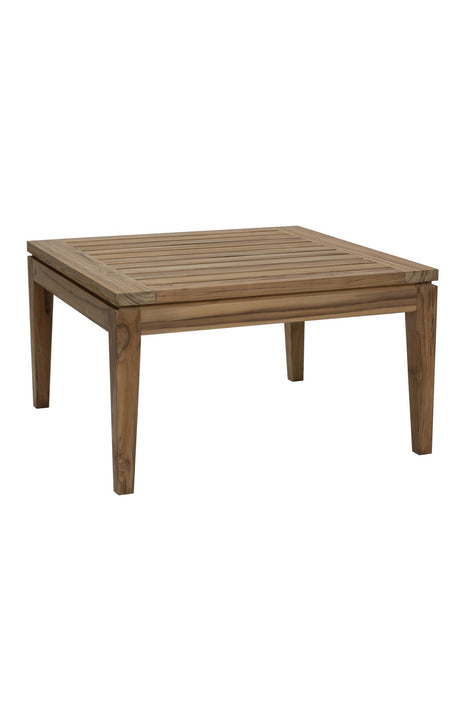 A square wooden slatted side table or coffee table with four legs, shown on a plain white background.