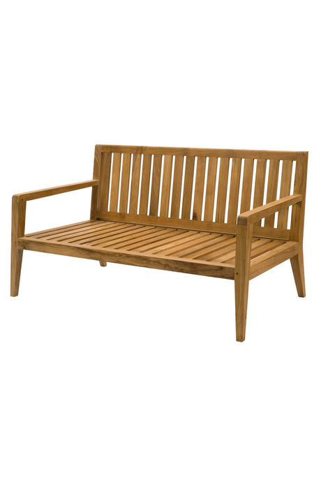 A wooden outdoor loveseat bench with a slatted backrest and seat, shown at a three-quarter angle on a plain white background.