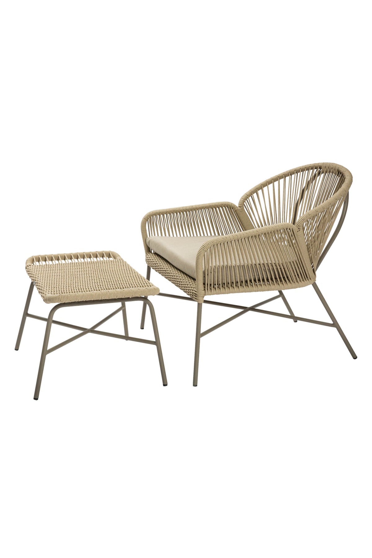 Beige wicker chair and ottoman set on a white background