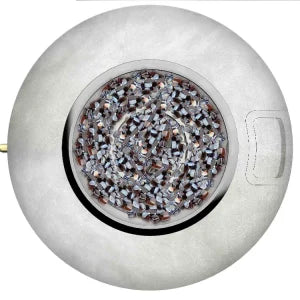 Close up of the top of a round grey fire pit on a white background