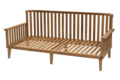 A mid-century modern wooden outdoor sofa with a warm medium-brown finish, featuring vertical slats on the backrest and seat, and integrated armrests, shown against a plain white background.