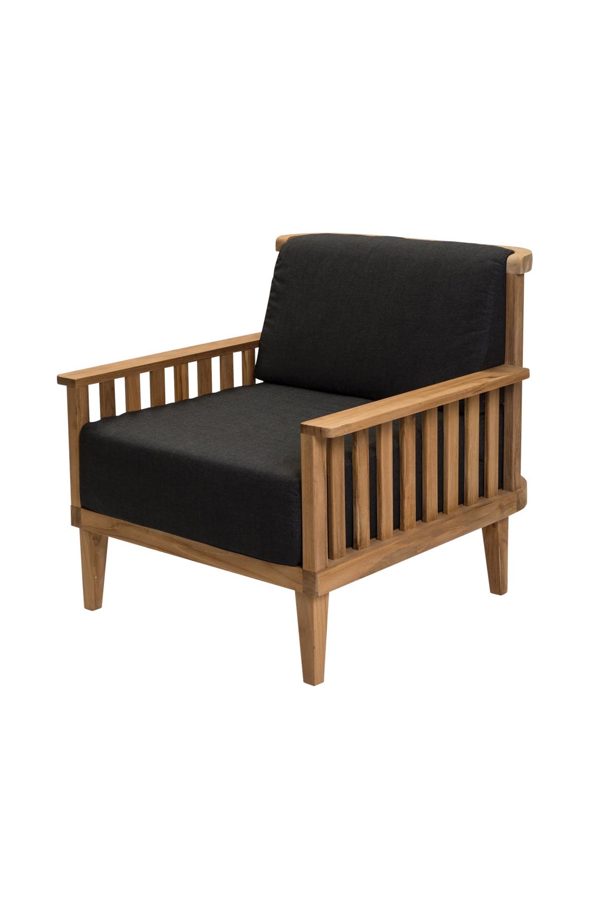 A modern wooden armchair with a slatted back and arms, featuring black cushioned seat and back cushions, shown on a plain white background.