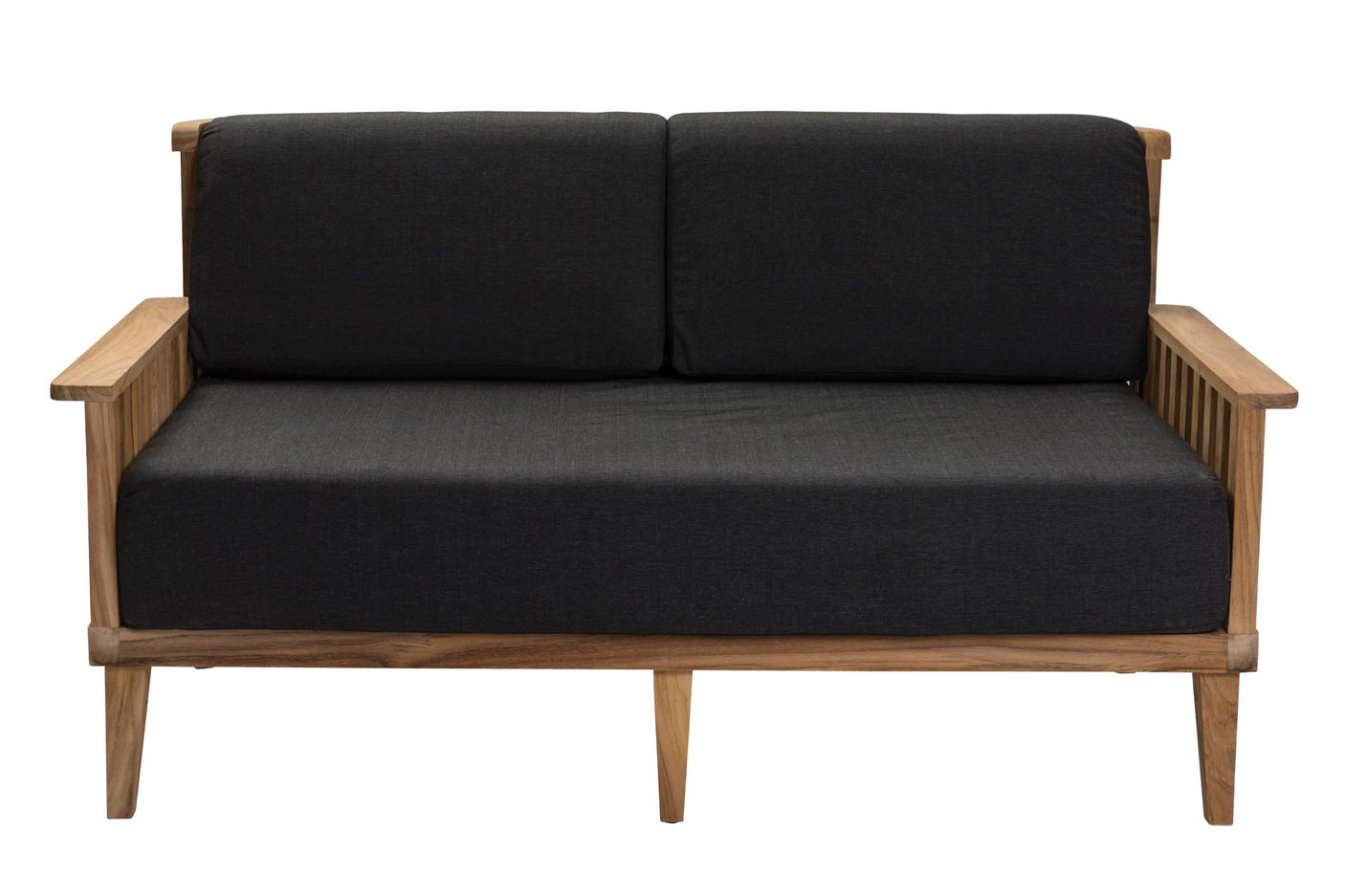 A two-seater wooden outdoor sofa with thick black cushions, featuring a natural wood frame and legs, shown against a plain white background.