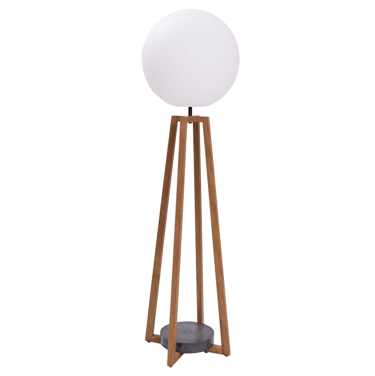 Floor lamp with a white spherical shade and wooden base on a white background