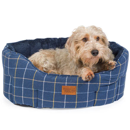 Navy Check Tweed Oval Snuggle Dog Bed