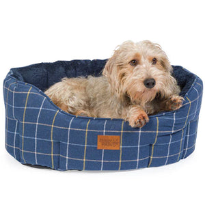 Navy Check Tweed Oval Snuggle Dog Bed