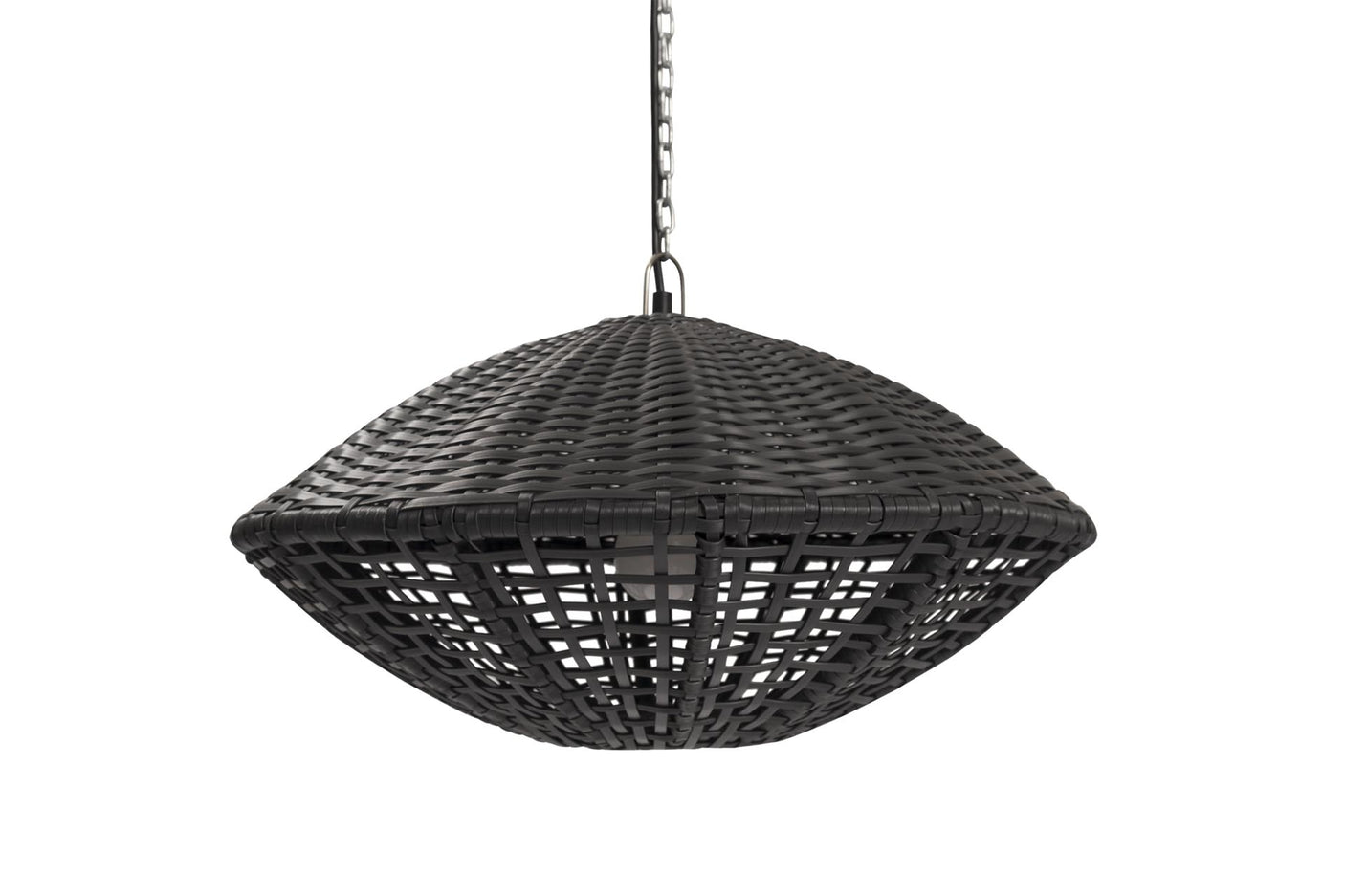 Black wicker decorative outdoor hanging light shade on a white background