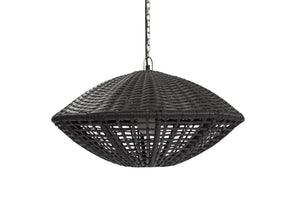 Black wicker decorative outdoor hanging light shade on a white background