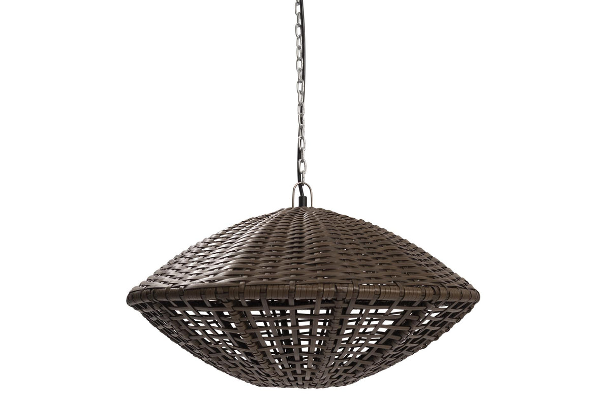 A dark brown woven wicker pendant light shade suspended from a metal chain against a plain white background.
