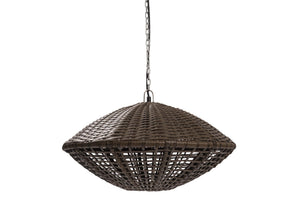A dark brown woven wicker pendant light shade suspended from a metal chain against a plain white background.