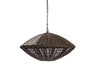 A dark brown woven wicker pendant light shade suspended from a metal chain against a plain white background.