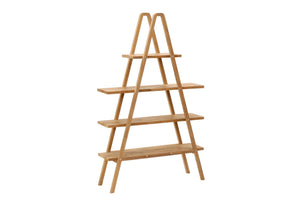 A light natural wood A-frame ladder shelf with four tiers, shown on a plain white background.
