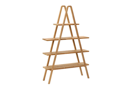 A light natural wood A-frame ladder shelf with four tiers, shown on a plain white background.