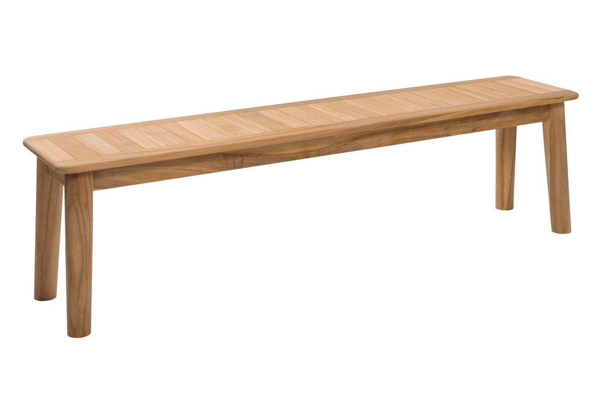 Long wooden outdoor bench on a white background