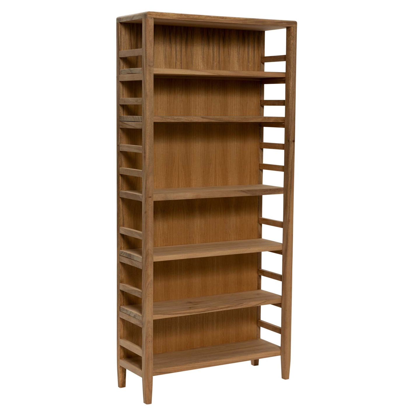 A tall wooden bookcase with five shelves and open side panels, shown on a plain white background.