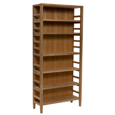A tall wooden bookcase with five shelves and open side panels, shown on a plain white background.