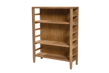 A four-tier wooden bookcase with a warm medium-brown finish and a slatted side design, shown on a plain white background.