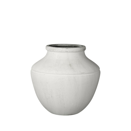 An urn-shaped off-white textured planter against a white background