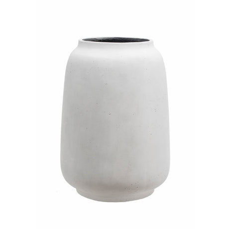 A minimalist matte ceramic vase with a tapered cylindrical shape, featuring a speckled off-white exterior set against a solid white background.