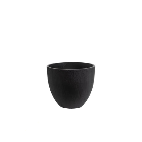 A matte black textured planter pot with a tapered, rounded shape, shown against a plain white background.