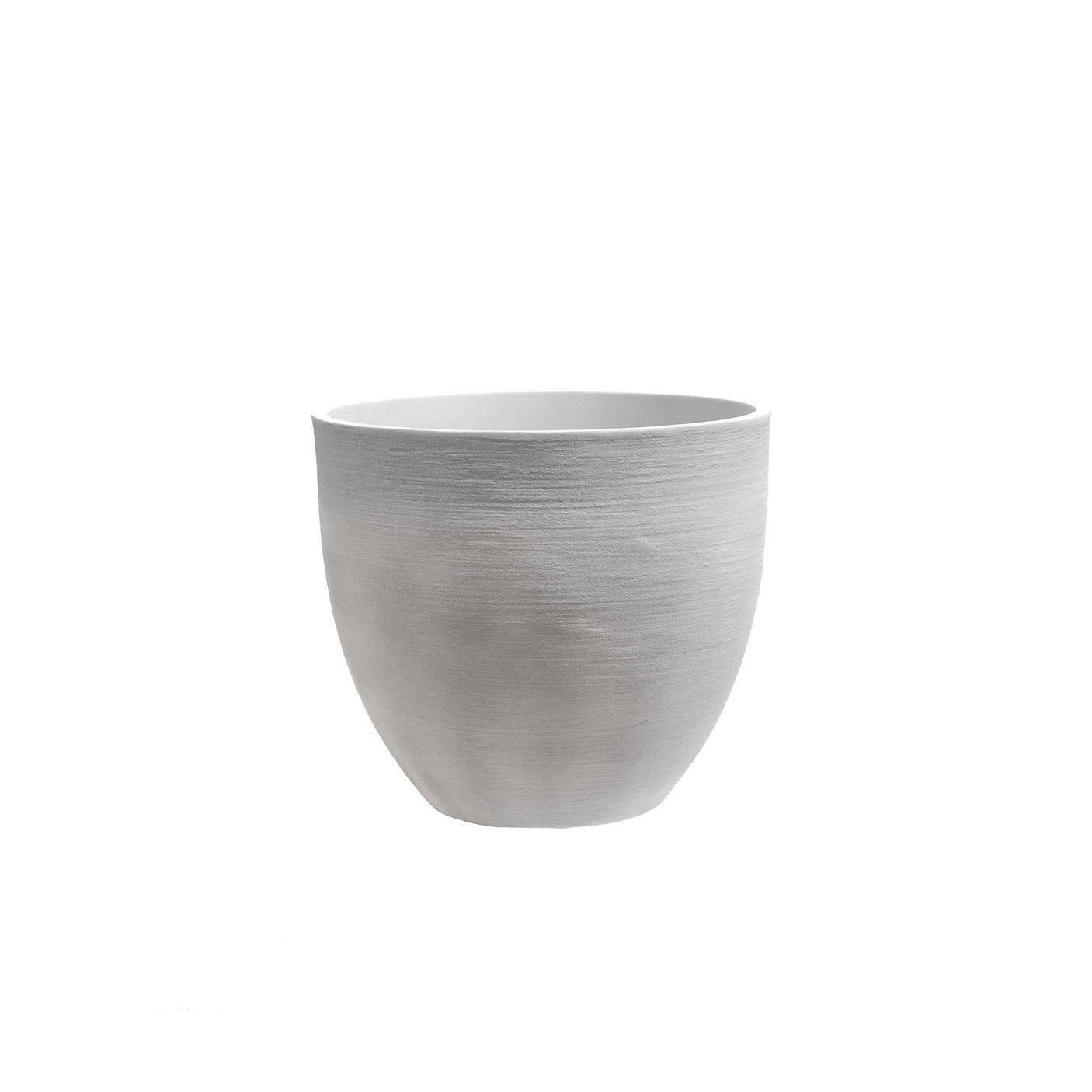 A minimalist, modern planter pot with a textured, brushed grey finish, shown against a solid white background.
