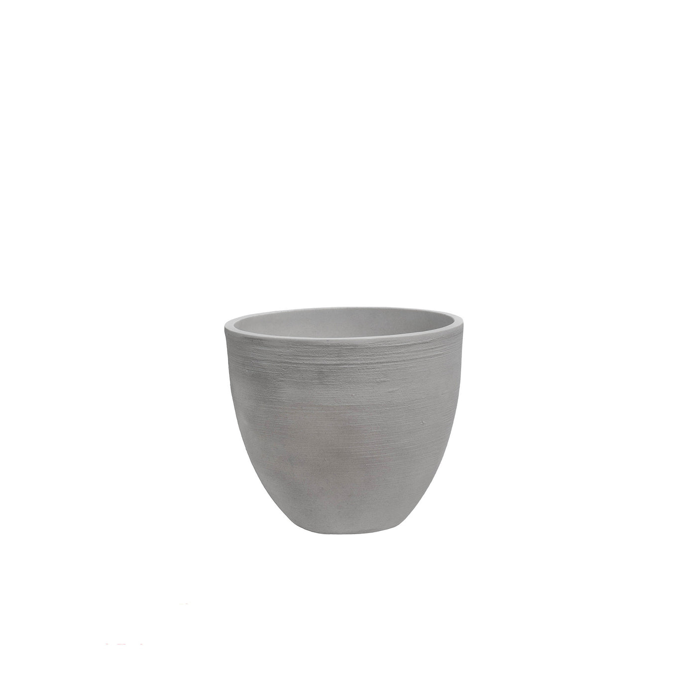 A light grey round outdoor planter against a white background