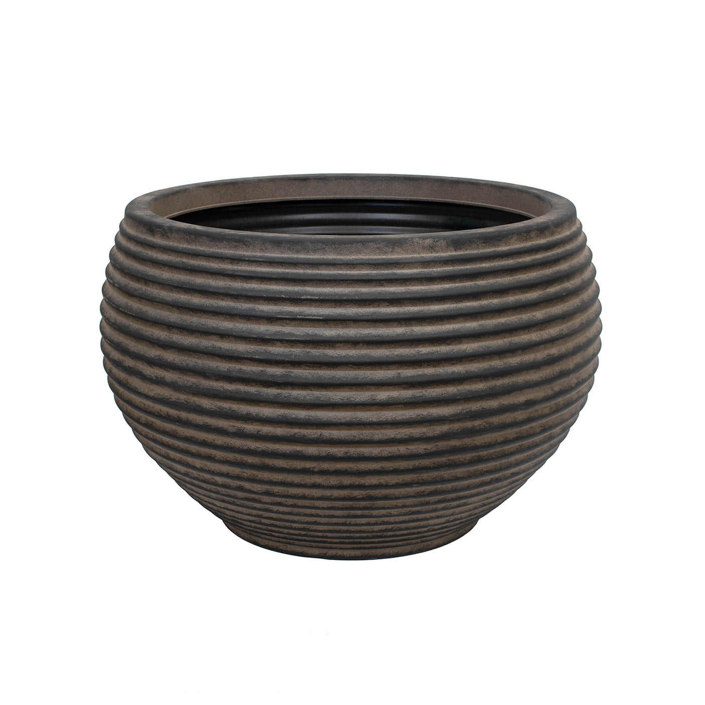An extra large dark brown outdoor planter with a ribbed brown finish on a white background