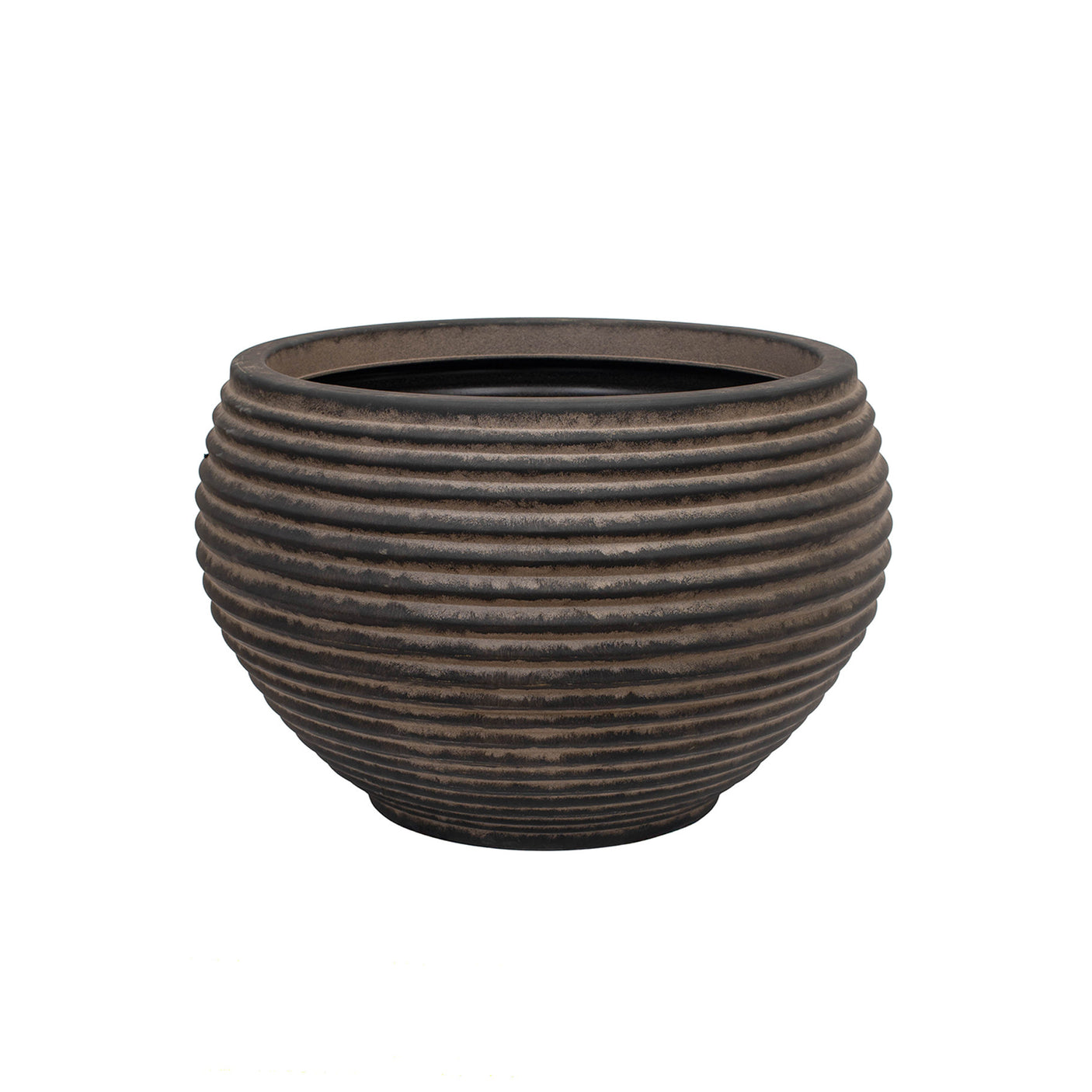 A large dark brown outdoor planter with a ribbed texture against a white background
