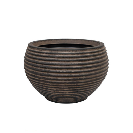 A large dark brown outdoor planter with a ribbed texture against a white background