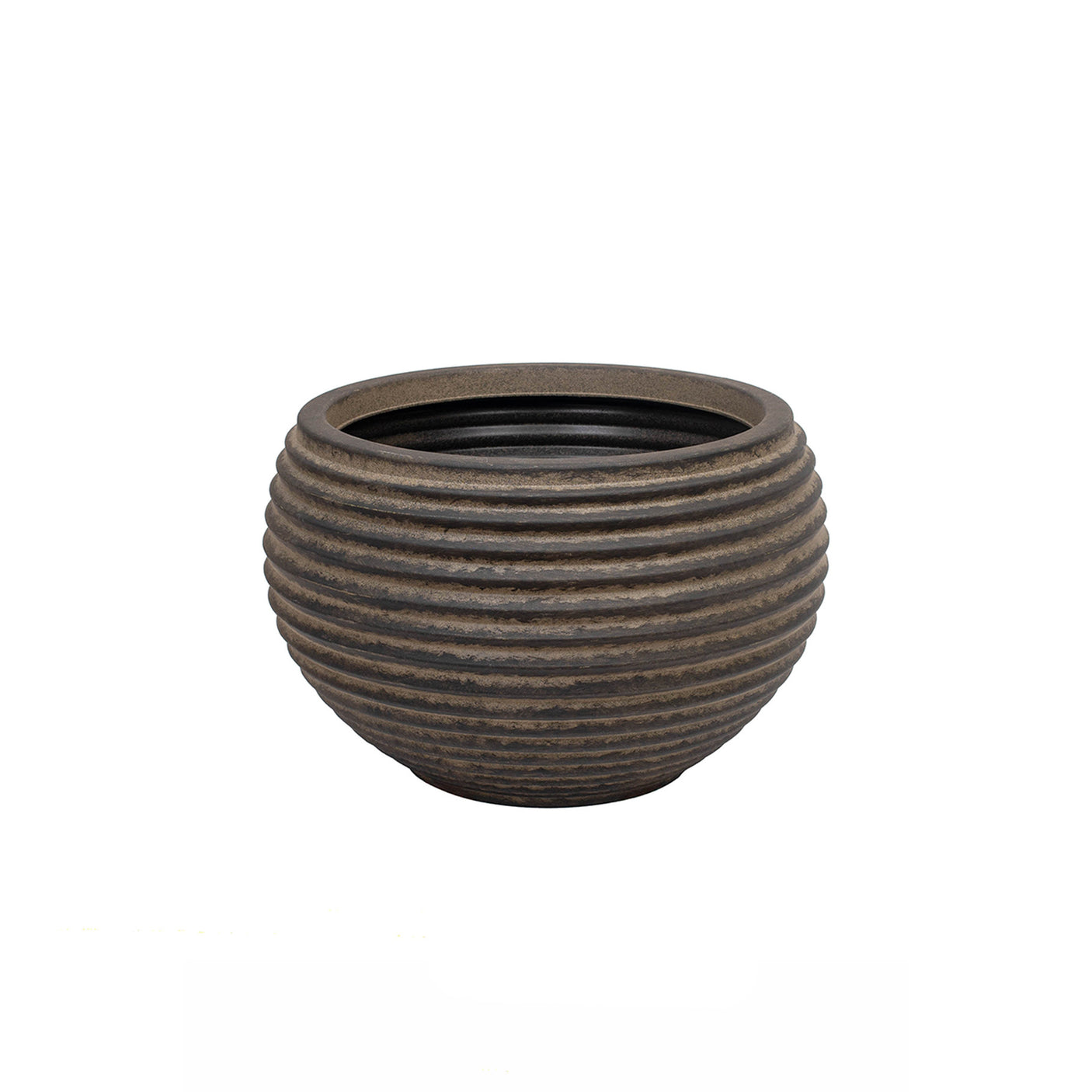 A round, ribbed planter pot with a textured dark brown and gray finish, shown against a plain white background.