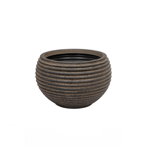 A round, ribbed planter pot with a textured dark brown and gray finish, shown against a plain white background.