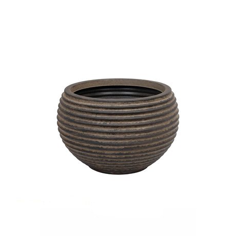 A round, ribbed planter pot with a textured dark brown and gray finish, shown against a plain white background.