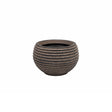A small round planter pot with a textured, horizontally ribbed exterior and a dark interior, shown against a plain white background.