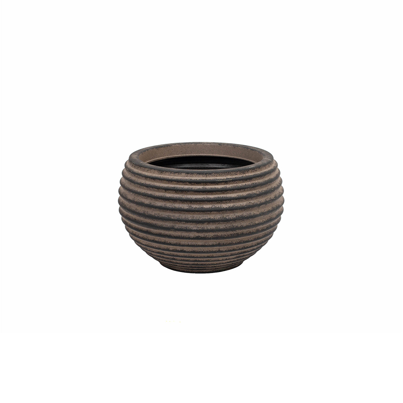 A small round planter pot with a textured, horizontally ribbed exterior and a dark interior, shown against a plain white background.