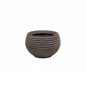 A small round planter pot with a textured, horizontally ribbed exterior and a dark interior, shown against a plain white background.