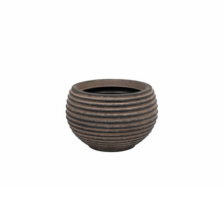 A small round planter pot with a textured, horizontally ribbed exterior and a dark interior, shown against a plain white background.