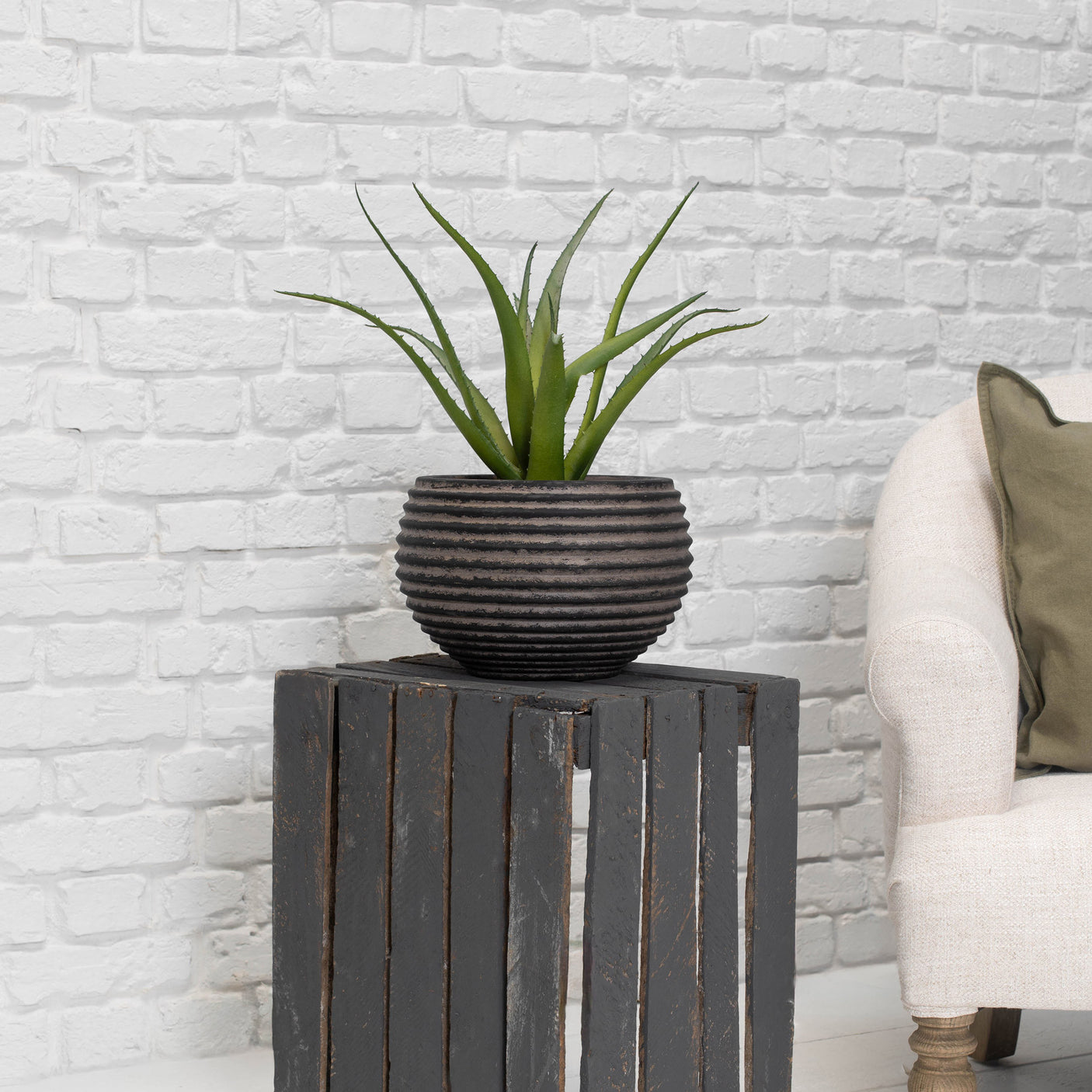 A green aloe vera plant in a dark gray ribbed ceramic pot, displayed on a dark gray wooden slat side table against a white brick wall, with a cream-colored armchair partially visible on the right.