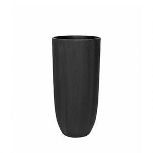 A tall matte black outdoor planter on a white background