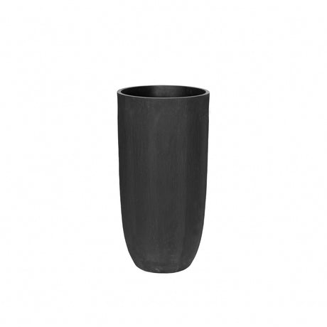 A tall, matte black cylindrical planter or vase with a subtle textured finish, centered on a plain white background.