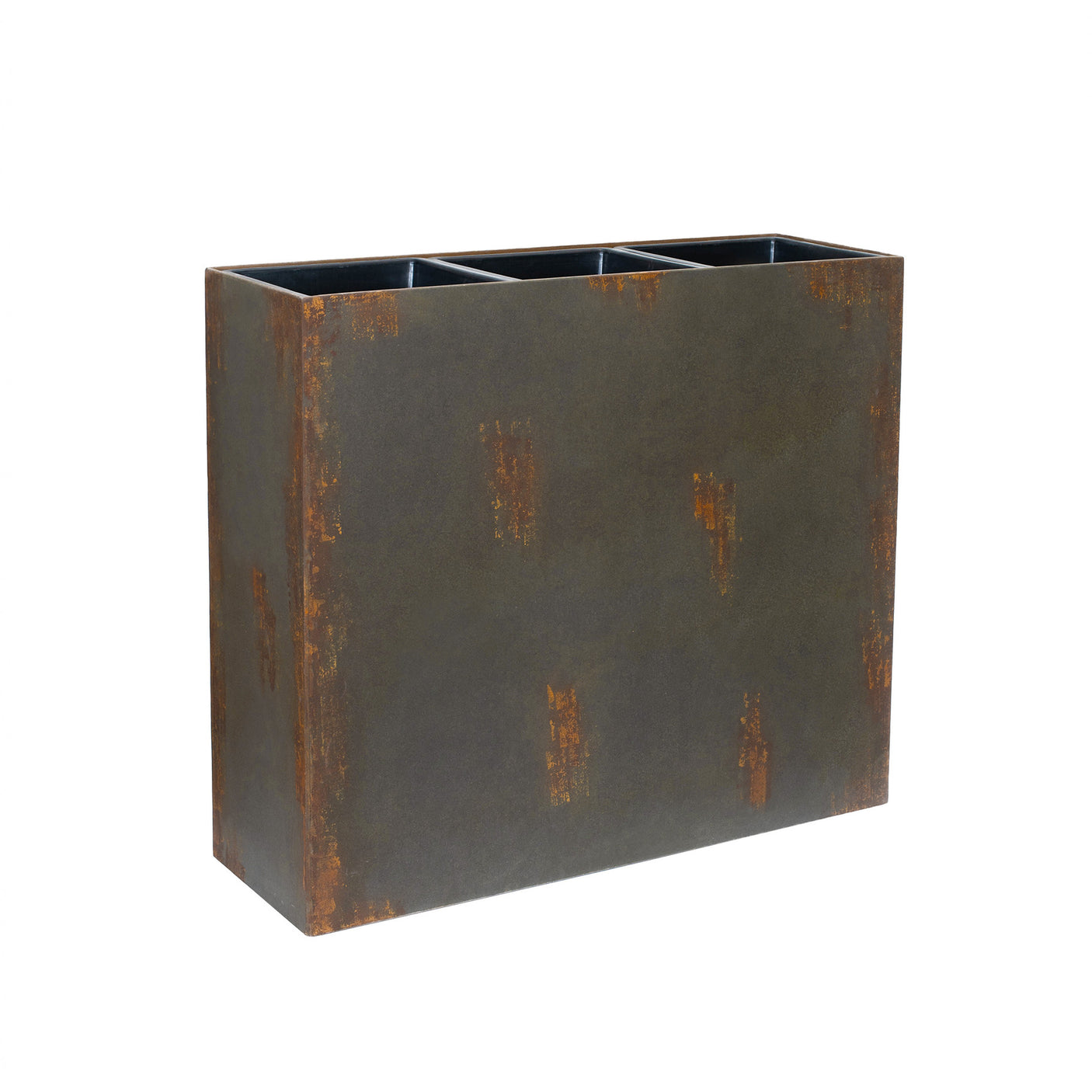 A tall rectangular outdoor planter with decorative rust patches on a white background