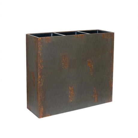A tall rectangular outdoor planter with decorative rust patches on a white background