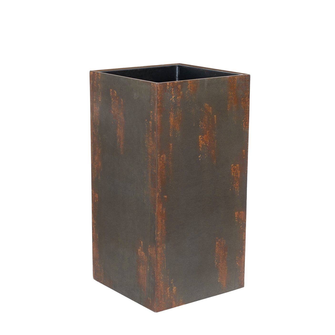 A medium rectangular tall planter with rust patches on a white background