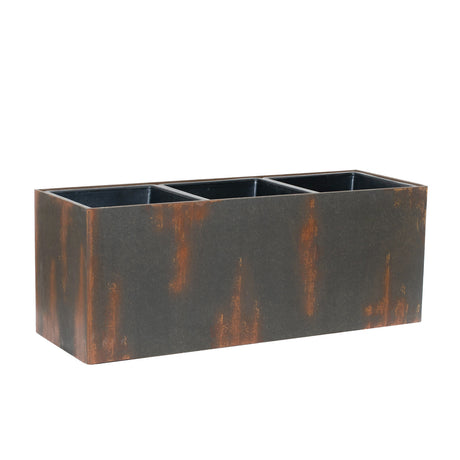 A rectangular outdoor planter with decorative rust patches on a white background