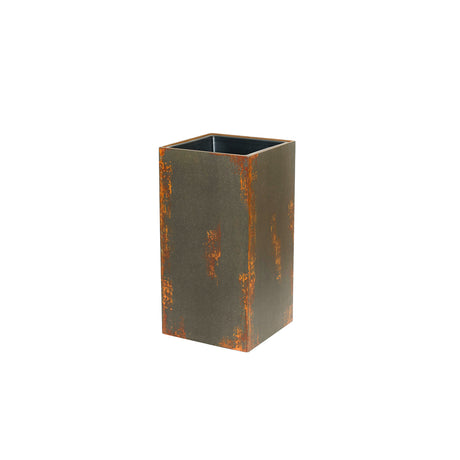 A rectangular rust and brown outdoor planter on a white background