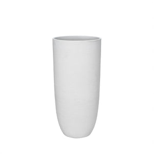 A tall, slender white ceramic planter or vase with a subtle textured finish, shown against a plain white background.