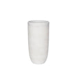 A tall, cylindrical ceramic vase with a textured matte finish in a warm off-white color, shown against a solid white background.